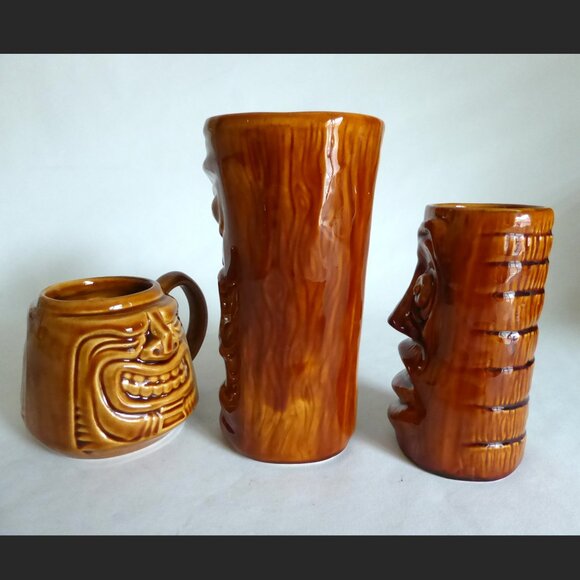 NEW 2000 - 2003 TIKI FARM SQUID DESIGNED JAVA WARRIOR BROWN CERAMIC TIKI MUG SET - Picture 4 of 12